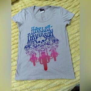 Harley-Davidson women’s  Tee - Gray with Blue and Pink motorcycles skull Large